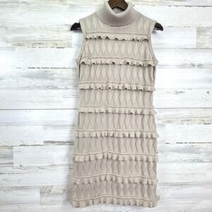 Calvin Klein Womens Khaki Diamond Knit Ruffle Turtleneck Sweater Dress Medium